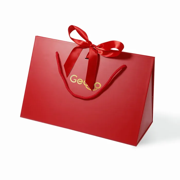 Large Red Triangle Shaped Gift Bag with Ribbon and Handle - Image 4