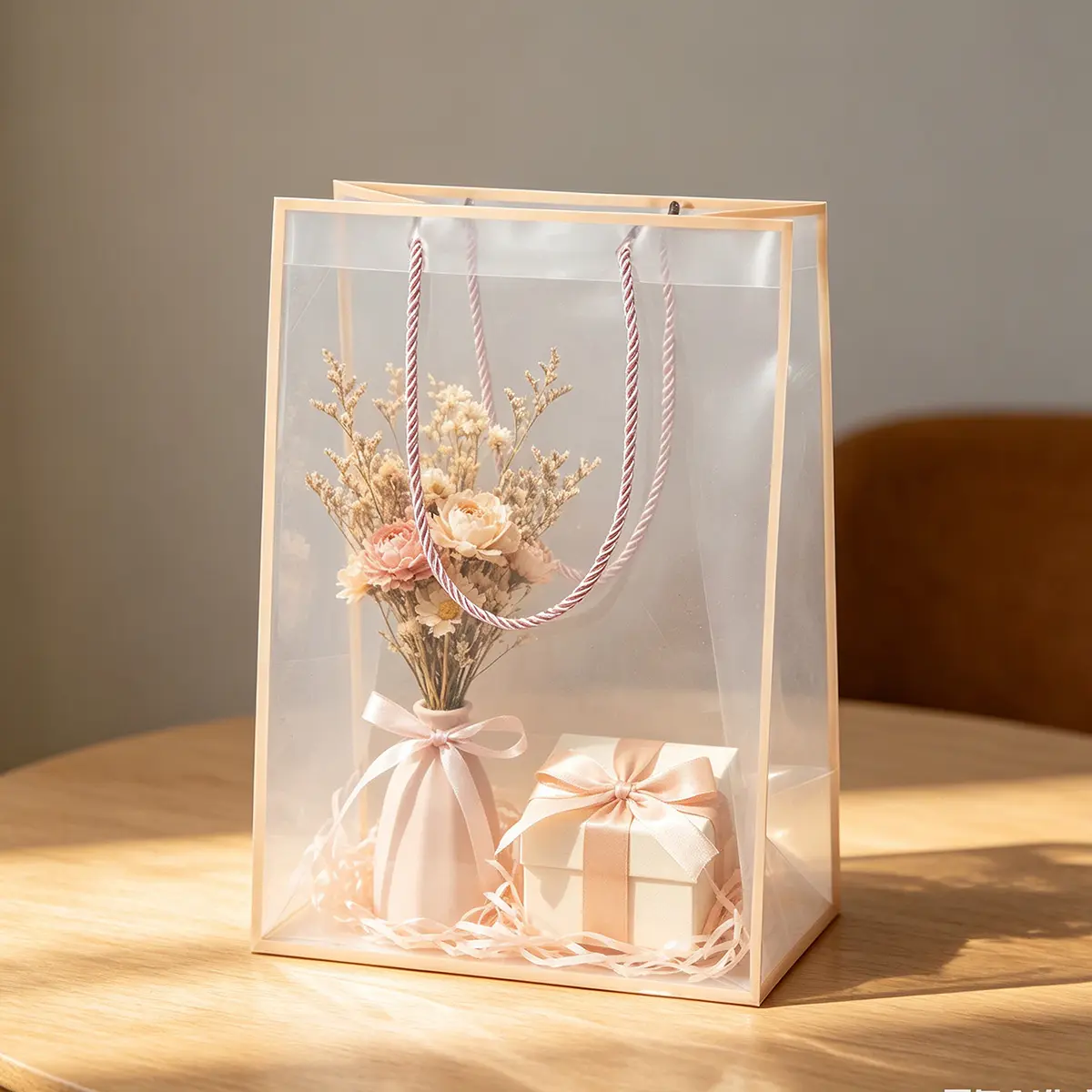B5 Deep Clear Plastic Rope Handle Gift Bag with Pink Border - Image 3