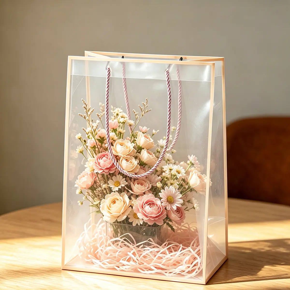 B5 Deep Clear Plastic Rope Handle Gift Bag with Pink Border - Image 4