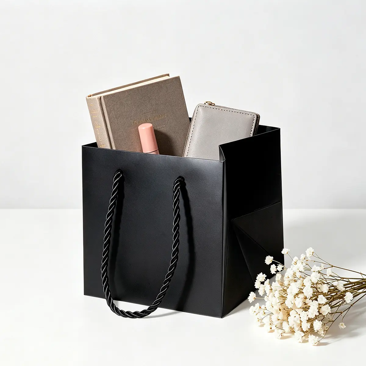 Small Cube Black Paper Gift Bag with Handle - Image 4