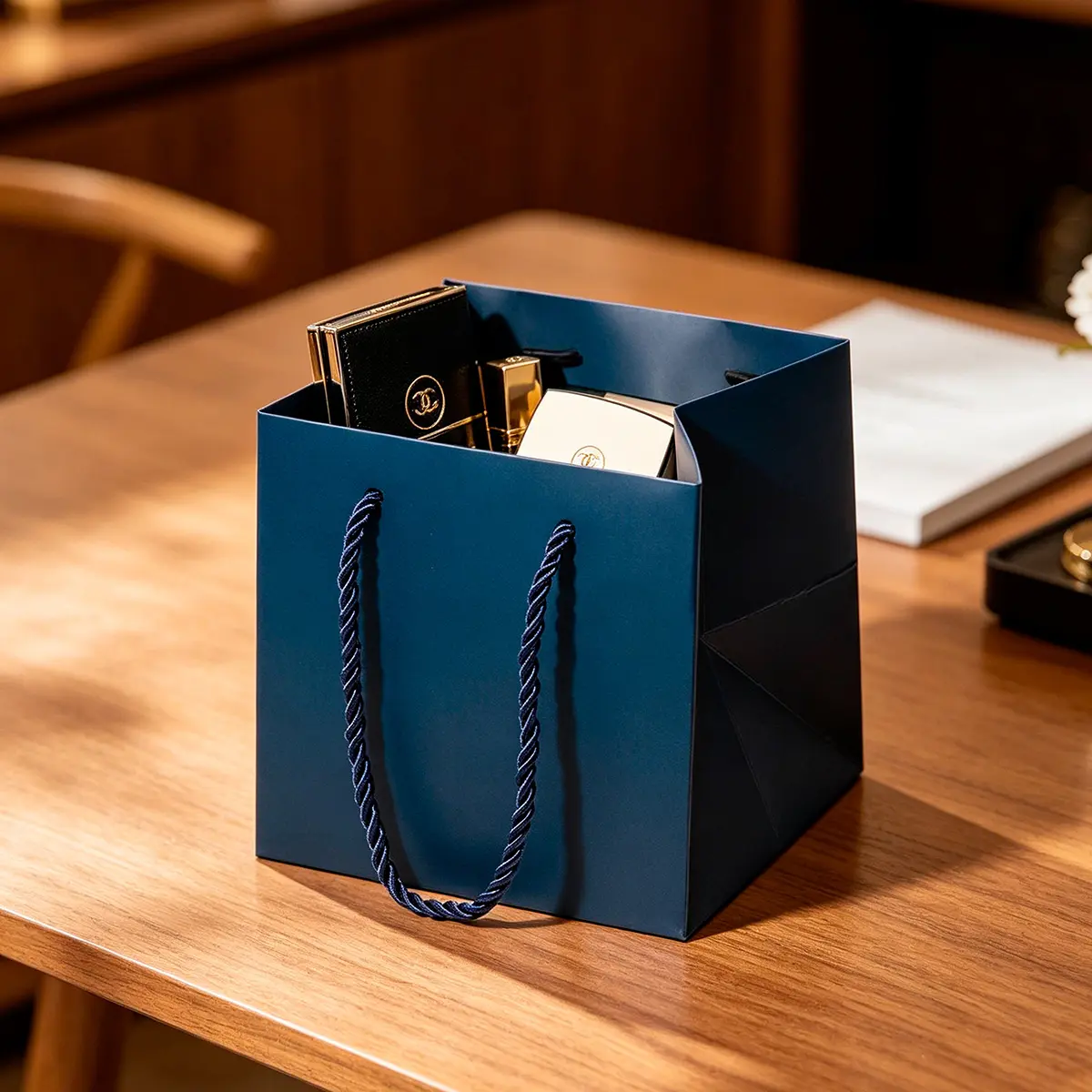 Small Cube Navy Blue Paper Gift Bag with Handle - Image 4