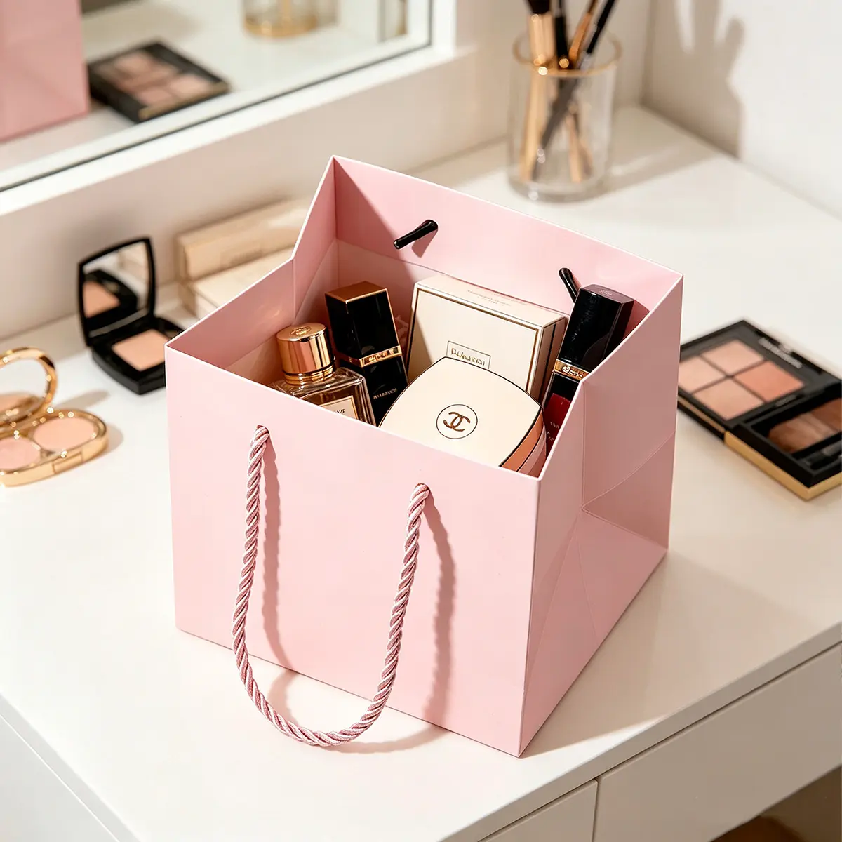 Small Cube Pink Paper Gift Bag with Handle - Image 4