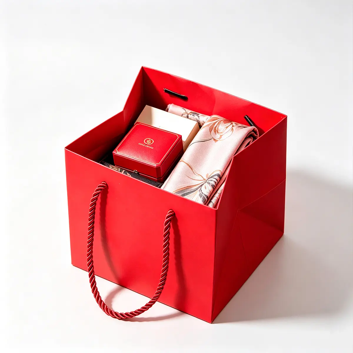 Small Cube Red Paper Gift Bag with Handle - Image 4